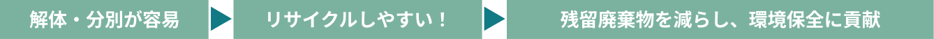 解体・分別が容易、リサイクルしやすい!、残留廃棄物を減らし、環境保全に貢献